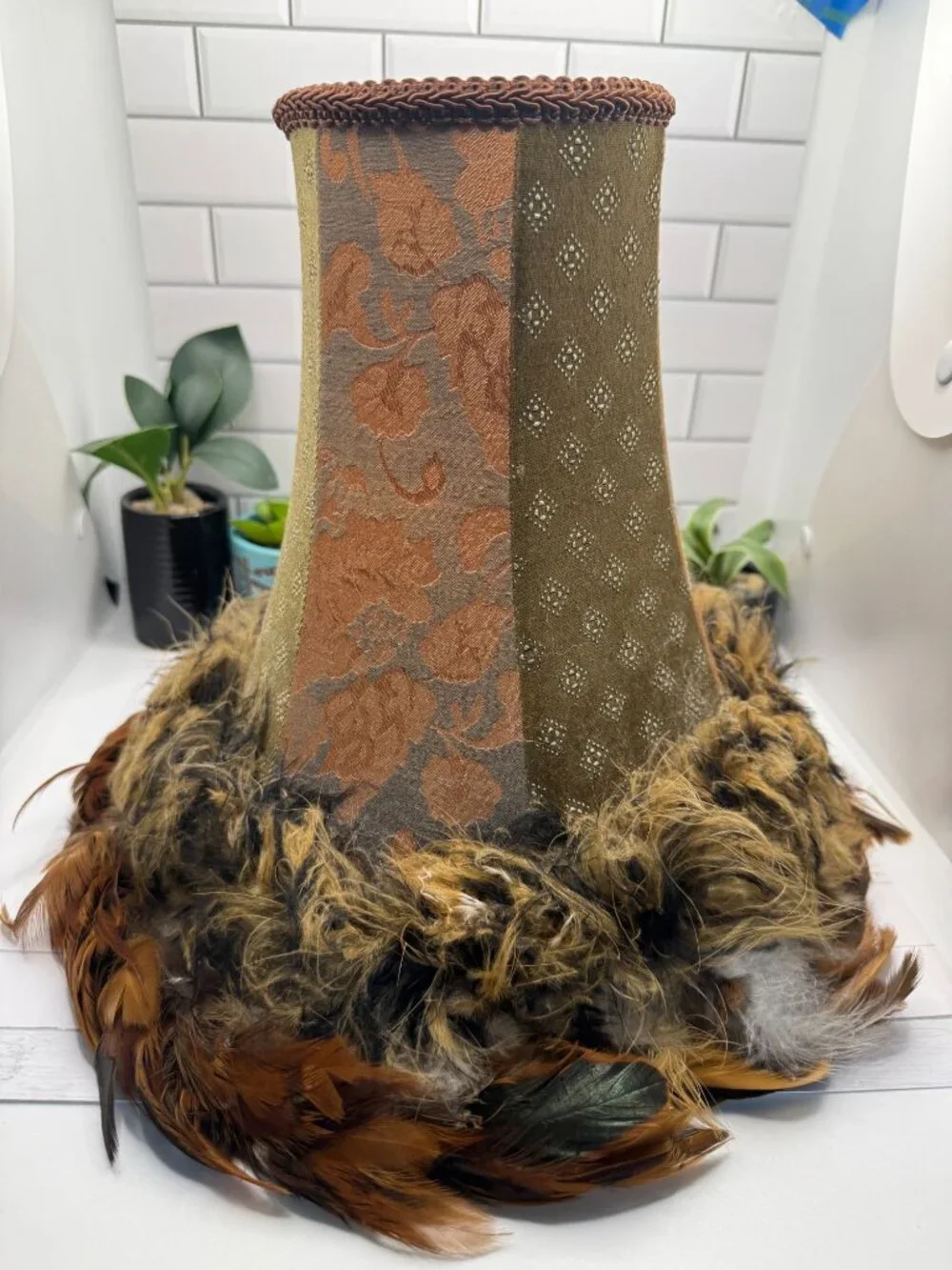 Vintage-Inspired Feathered Table Lamp Shade With Floral & Diamond Textures